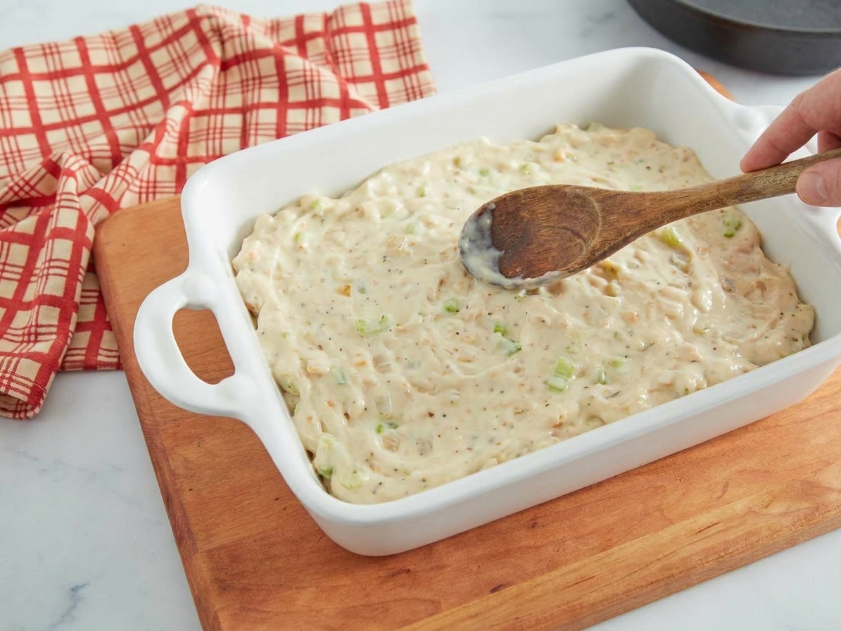 Creamy chicken filling spread evenly in a white ceramic baking dish on a kitchen counter