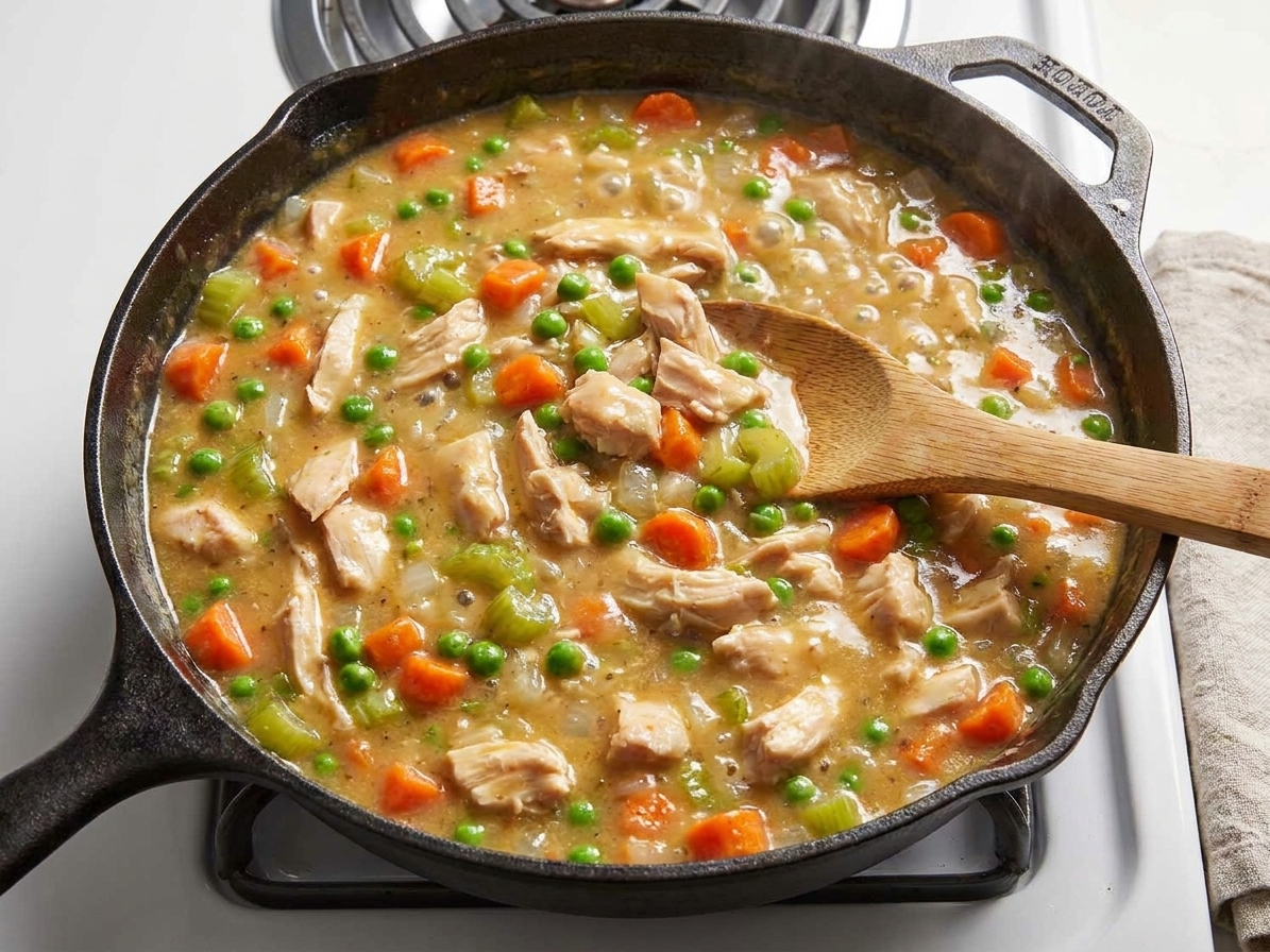 Creamy chicken pot pie filling simmering in a skillet with visible diced carrots, celery, peas, and shredded chicken