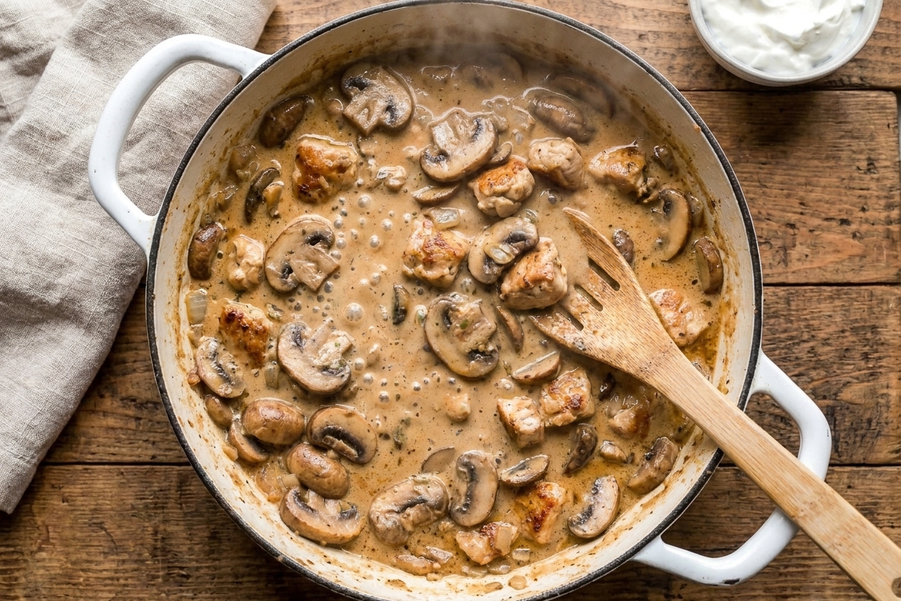 Creamy chicken stroganoff sauce gently simmering in a large skillet with mushrooms visible, a wooden spoon resting on the edge