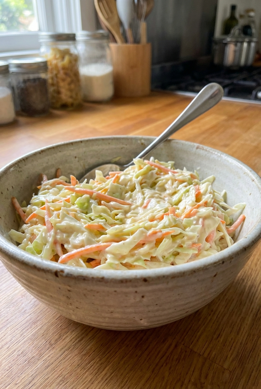 Creamy coleslaw in a bowl with a spoon