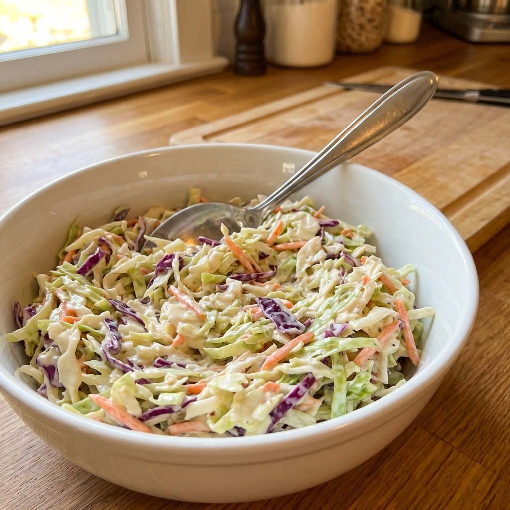 Creamy coleslaw in a white bowl with a serving spoon