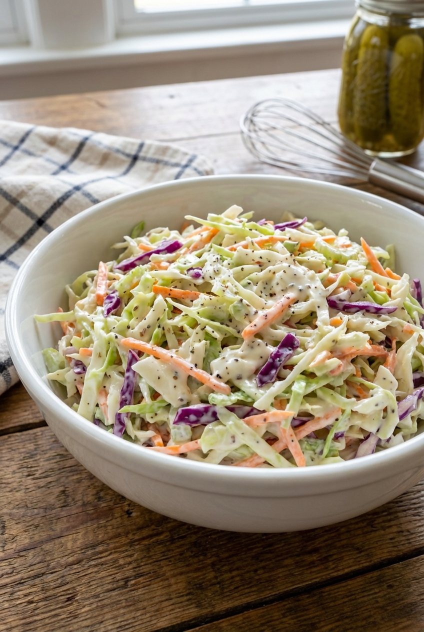 Creamy coleslaw in a white bowl with shredded cabbage and carrots