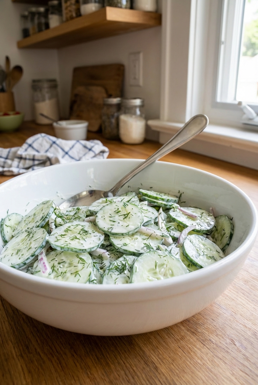 Creamy cucumber salad with dill in a white serving bowl