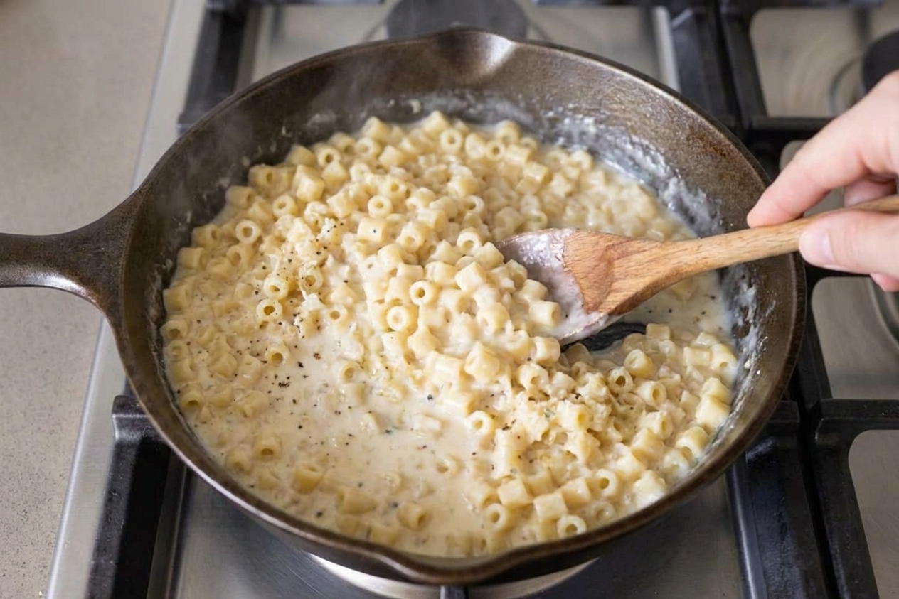Creamy ditalini pasta being stirred in a skillet with a wooden spoon as the sauce coats the pasta