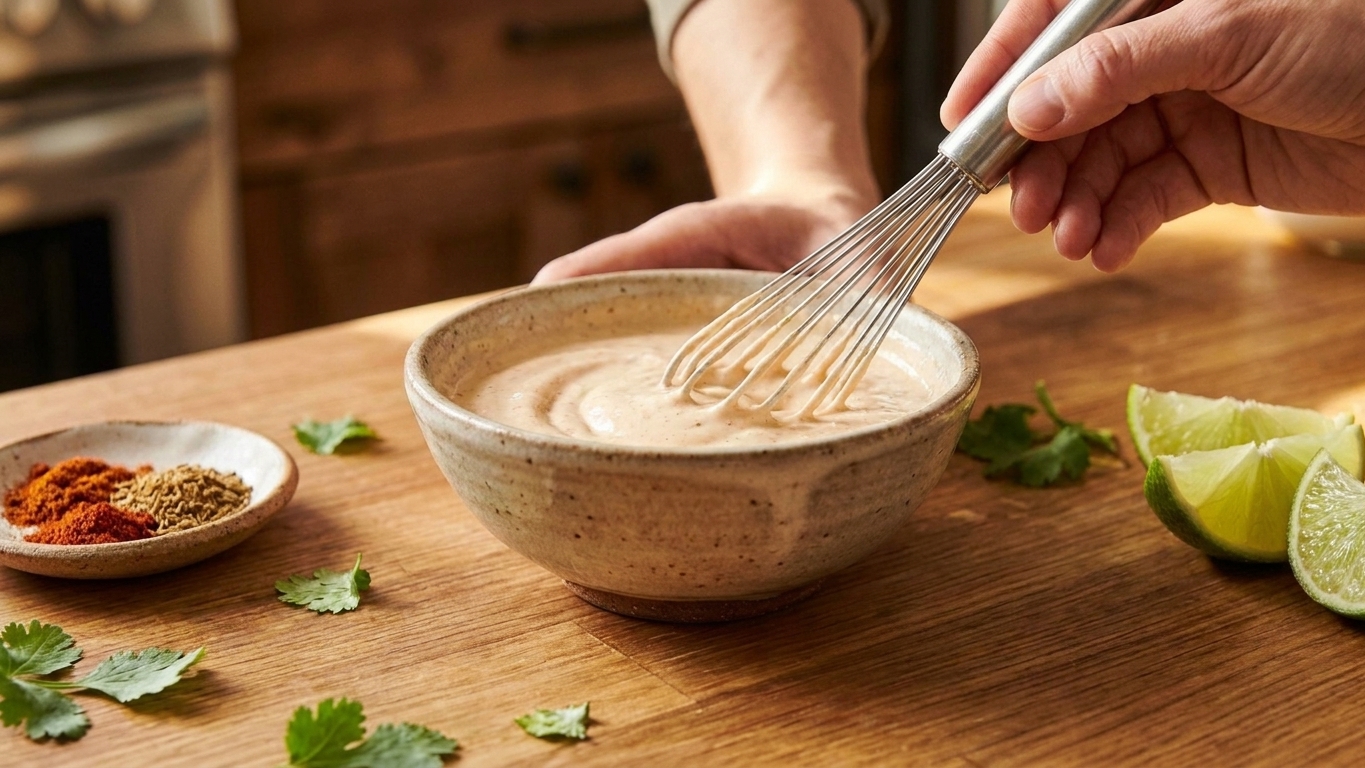 Creamy fish taco sauce being whisked in a small mixing bowl on a kitchen counter with lime halves and spices nearby