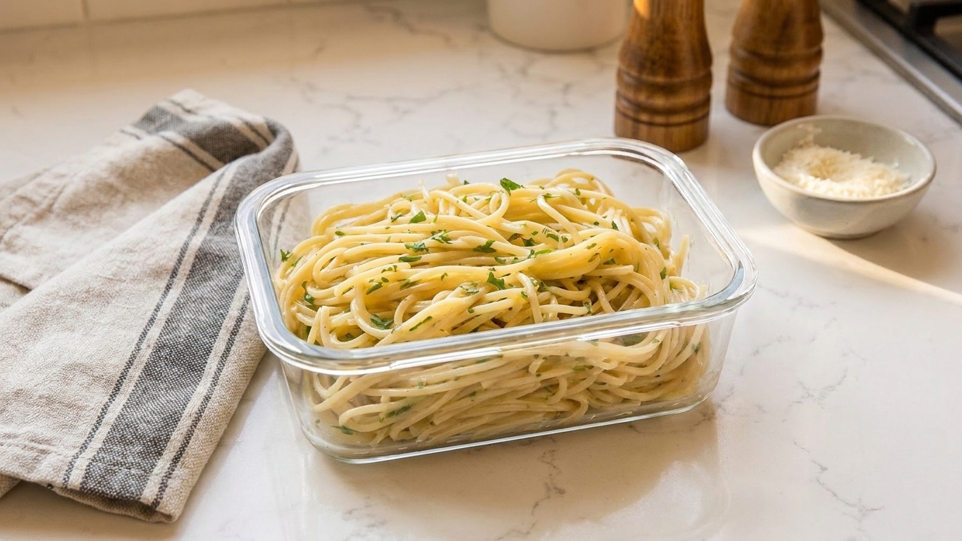 Creamy garlic butter pasta portioned into a clear airtight food container on a kitchen counter