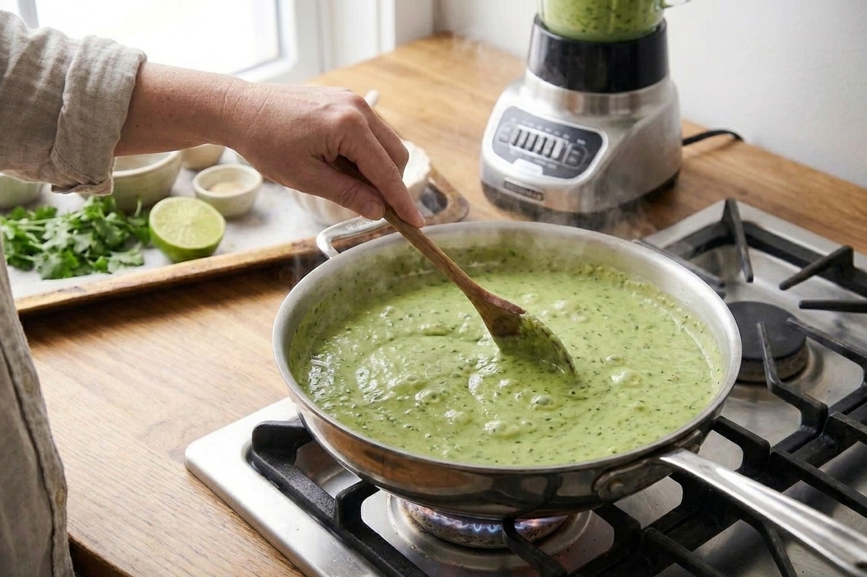 Creamy green poblano sauce gently simmering in a wide skillet with a wooden spoon stirring