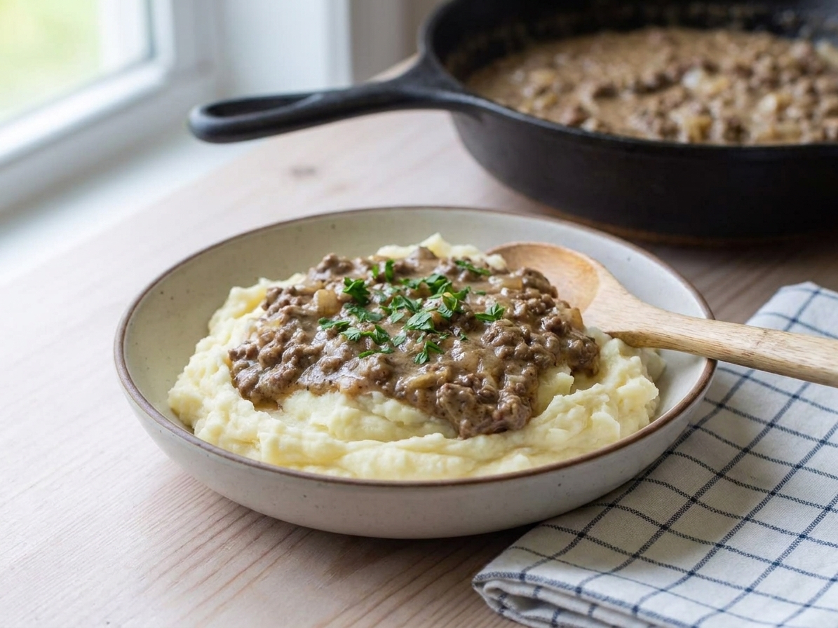 Creamy hamburger beef gravy spooned over fluffy mashed potatoes in a shallow bowl