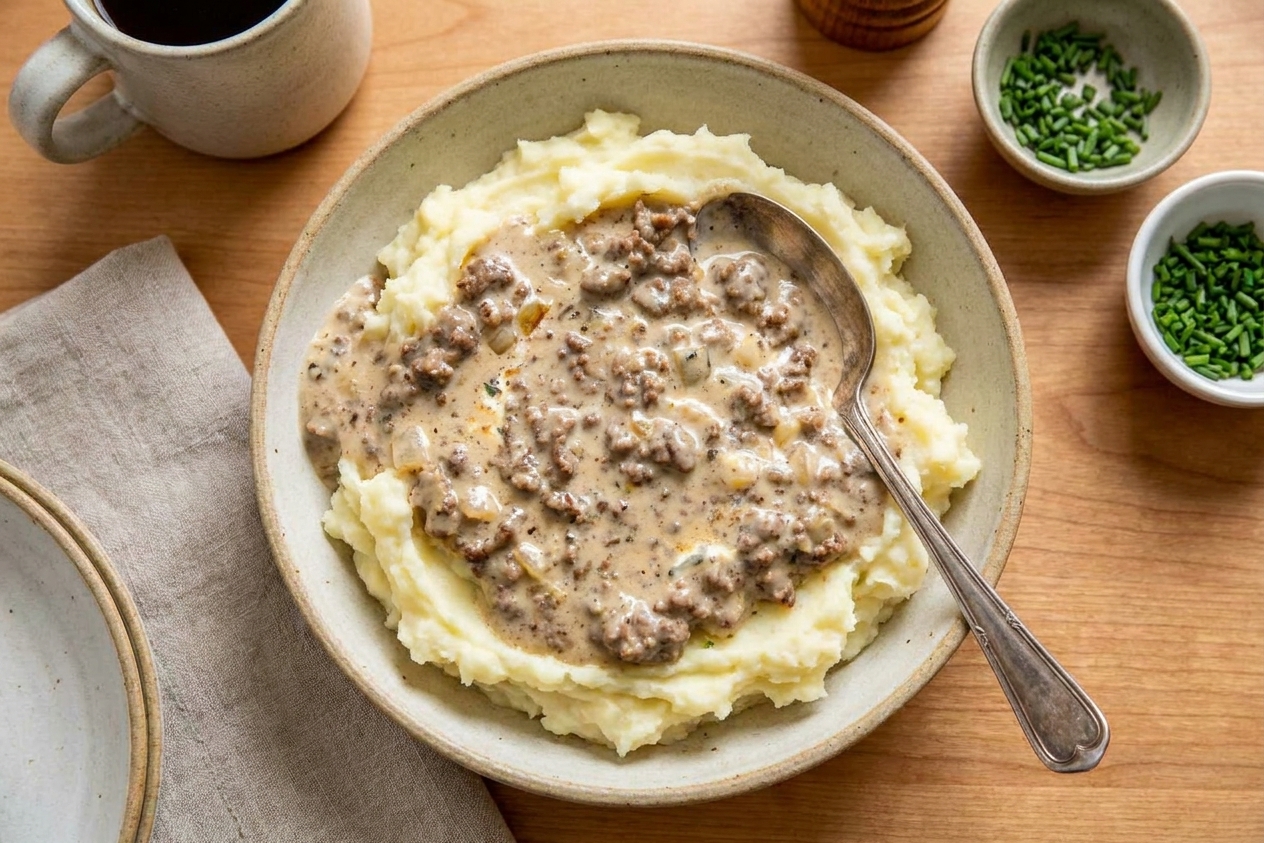 Creamy hamburger gravy ladled over fluffy mashed potatoes in a shallow bowl on a simple dinner table setting