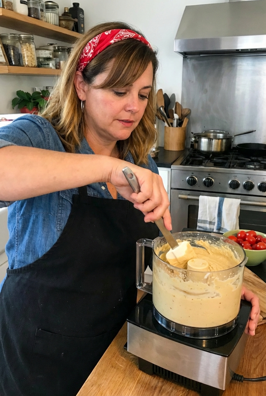 Creamy hummus being blended in a food processor while a spatula scrapes down the sides