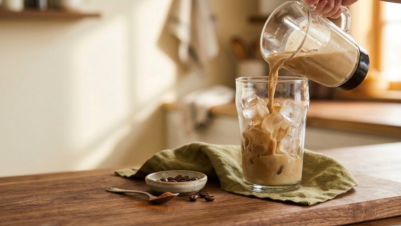 Creamy iced protein coffee being poured from a blender into a tall glass filled with ice on a bright kitchen counter