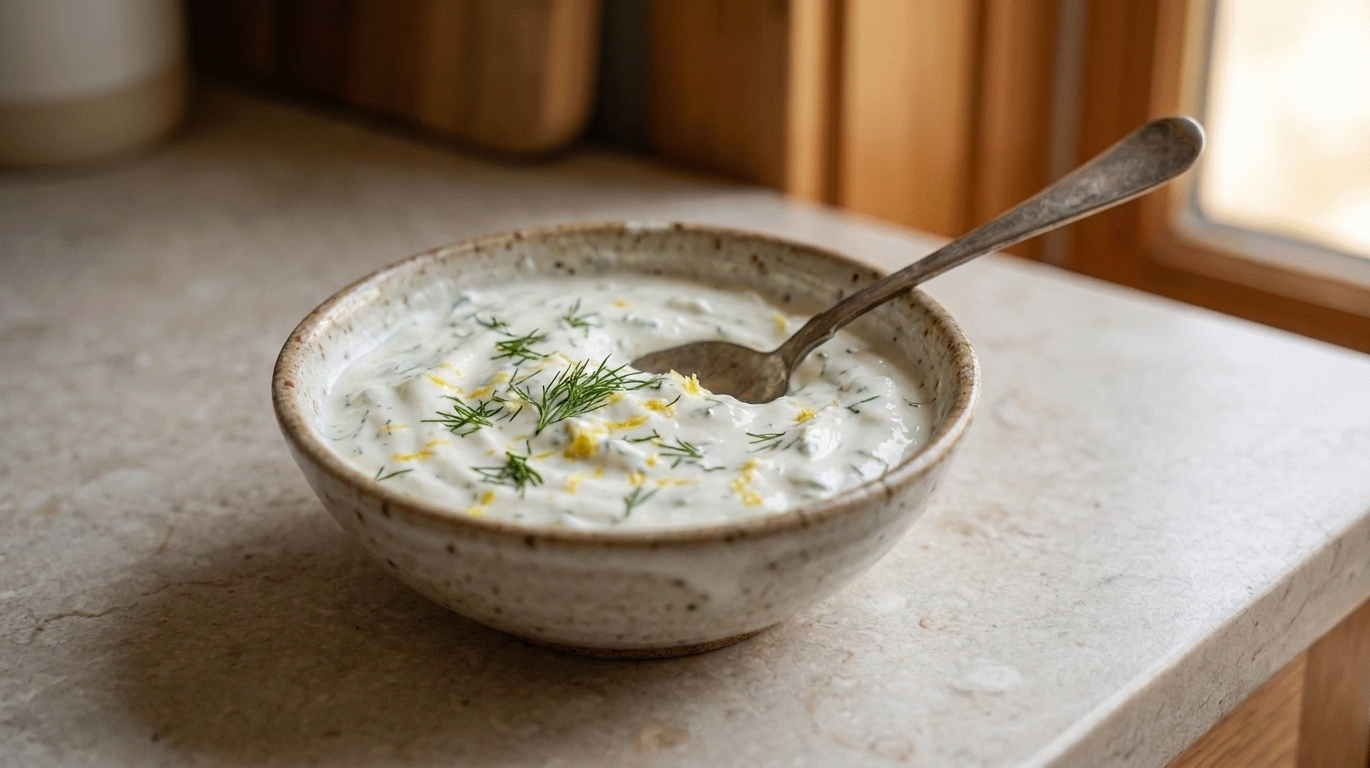 Creamy lemon dill yogurt sauce in a small bowl with a spoon