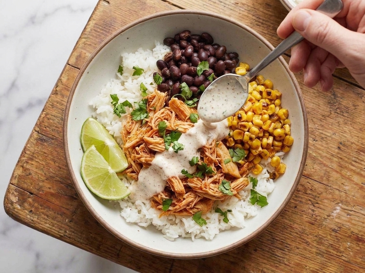 Creamy lime yogurt sauce being drizzled over a bowl of shredded taco chicken, beans, and rice on a kitchen counter