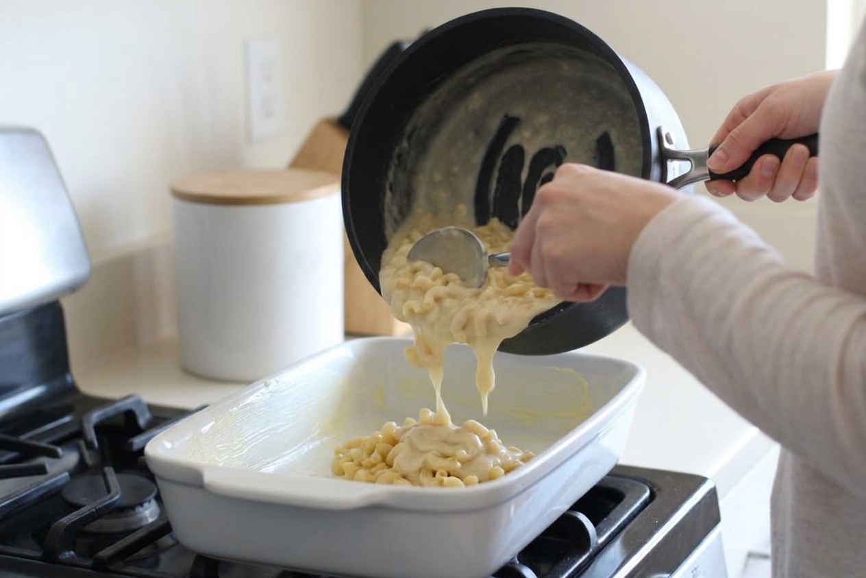 Creamy mac and cheese being spread into a buttered white baking dish on a kitchen counter