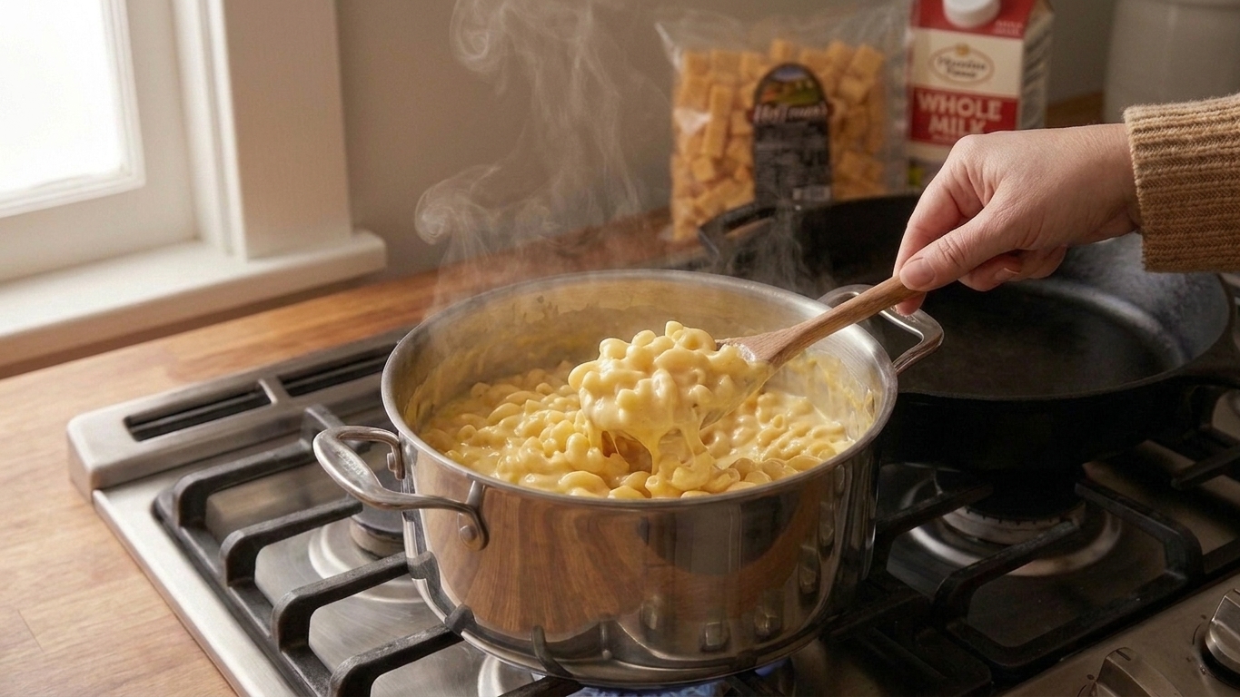 Creamy mac and cheese being stirred in a large pot, sauce clinging to the noodles