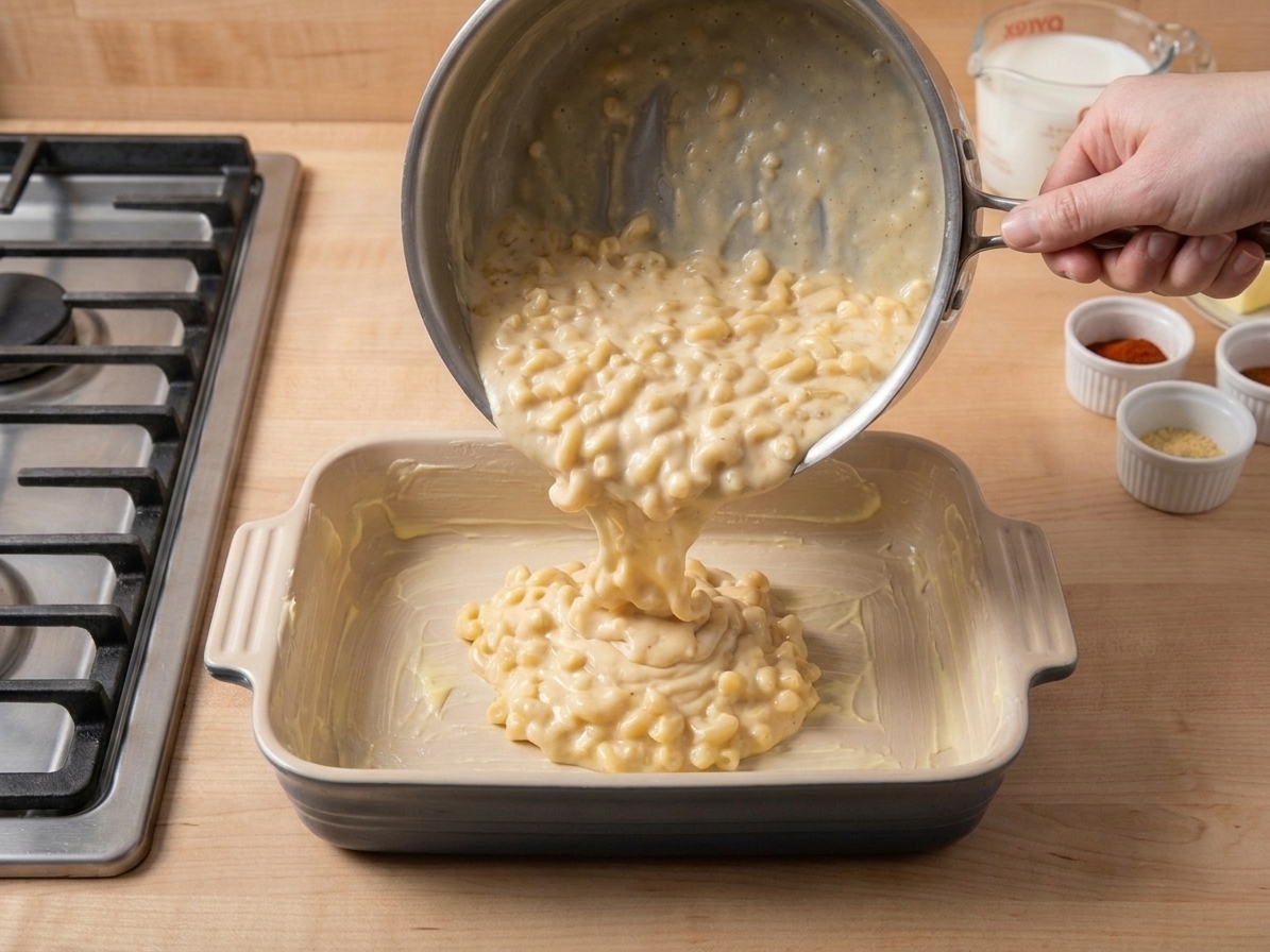 Creamy mac and cheese mixture being poured from a pot into a buttered rectangular baking dish on a kitchen counter