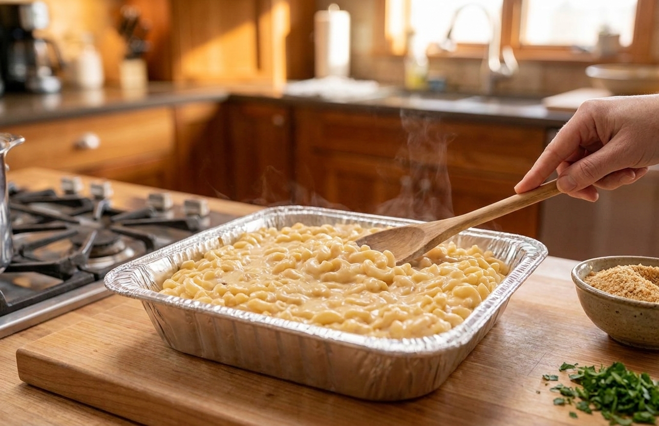Creamy mac and cheese mixture spread evenly in a disposable foil pan on a kitchen counter, ready for topping