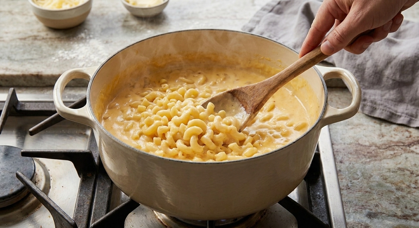 Creamy macaroni being stirred into cheese sauce in a Dutch oven with a wooden spoon