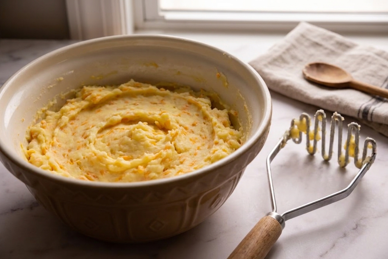 Creamy mashed potato and cheddar filling in a mixing bowl with a potato masher resting nearby on a kitchen counter