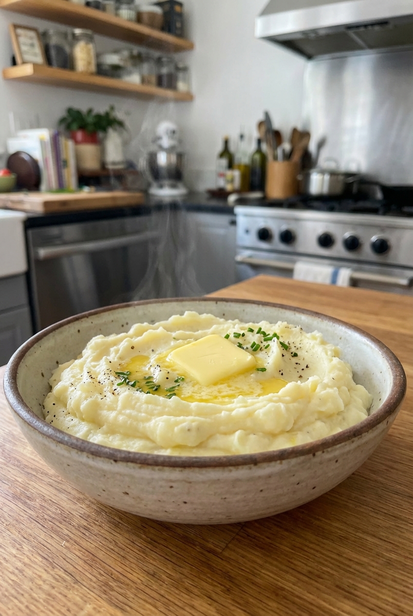 Creamy mashed potatoes in a bowl with a pat of butter melting on top