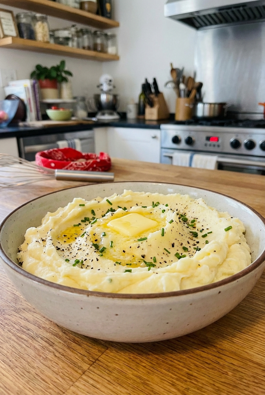 Creamy mashed potatoes in a bowl with a pat of butter melting on top