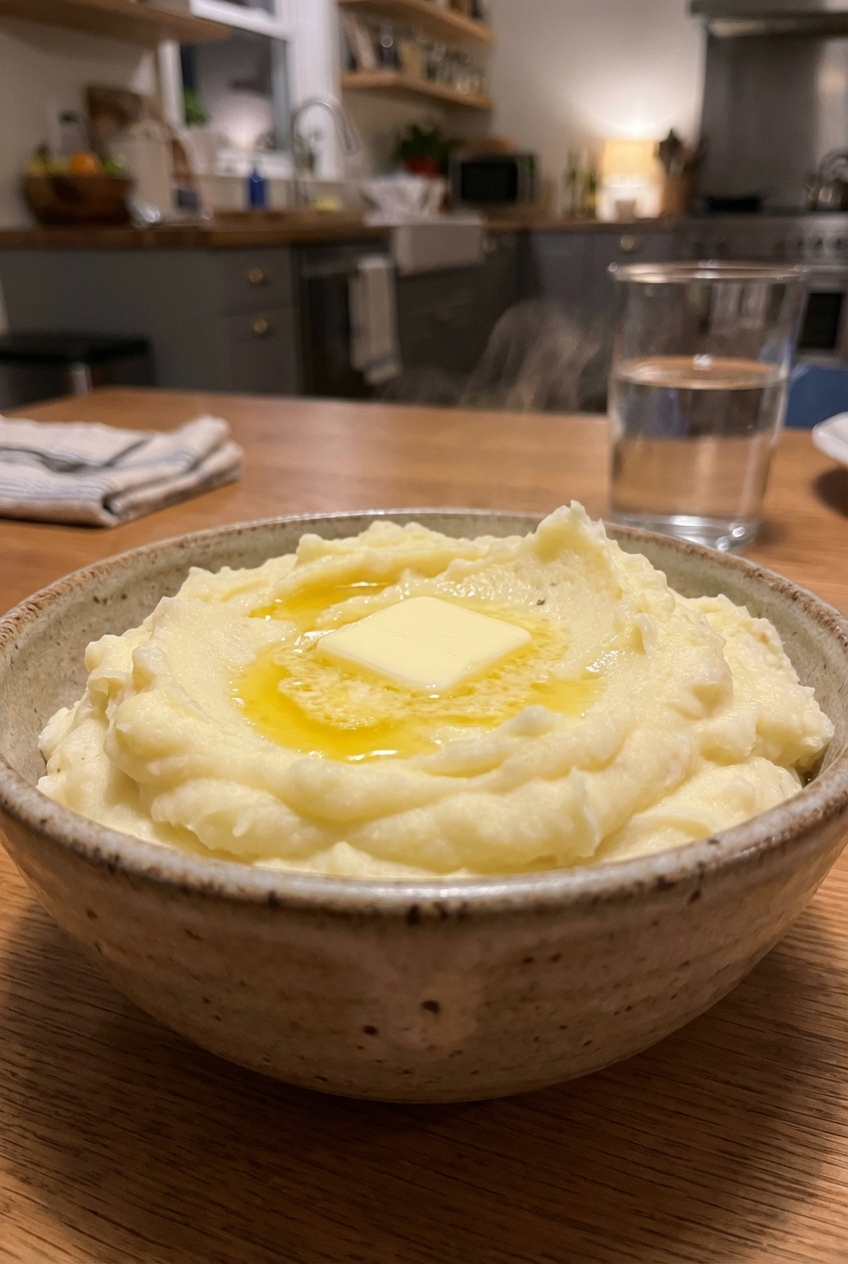 Creamy mashed potatoes in a bowl with a pat of butter melting on top