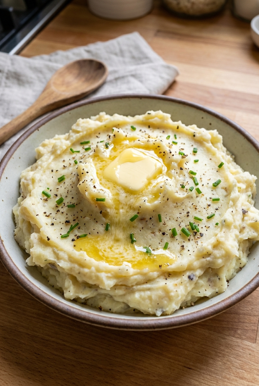 Creamy mashed potatoes in a bowl with a pat of butter melting on top