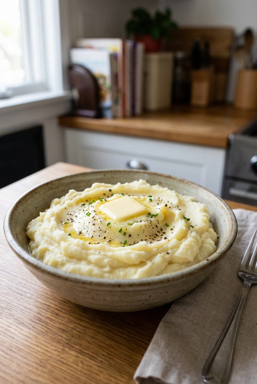 Creamy mashed potatoes in a bowl with a pat of butter melting on top