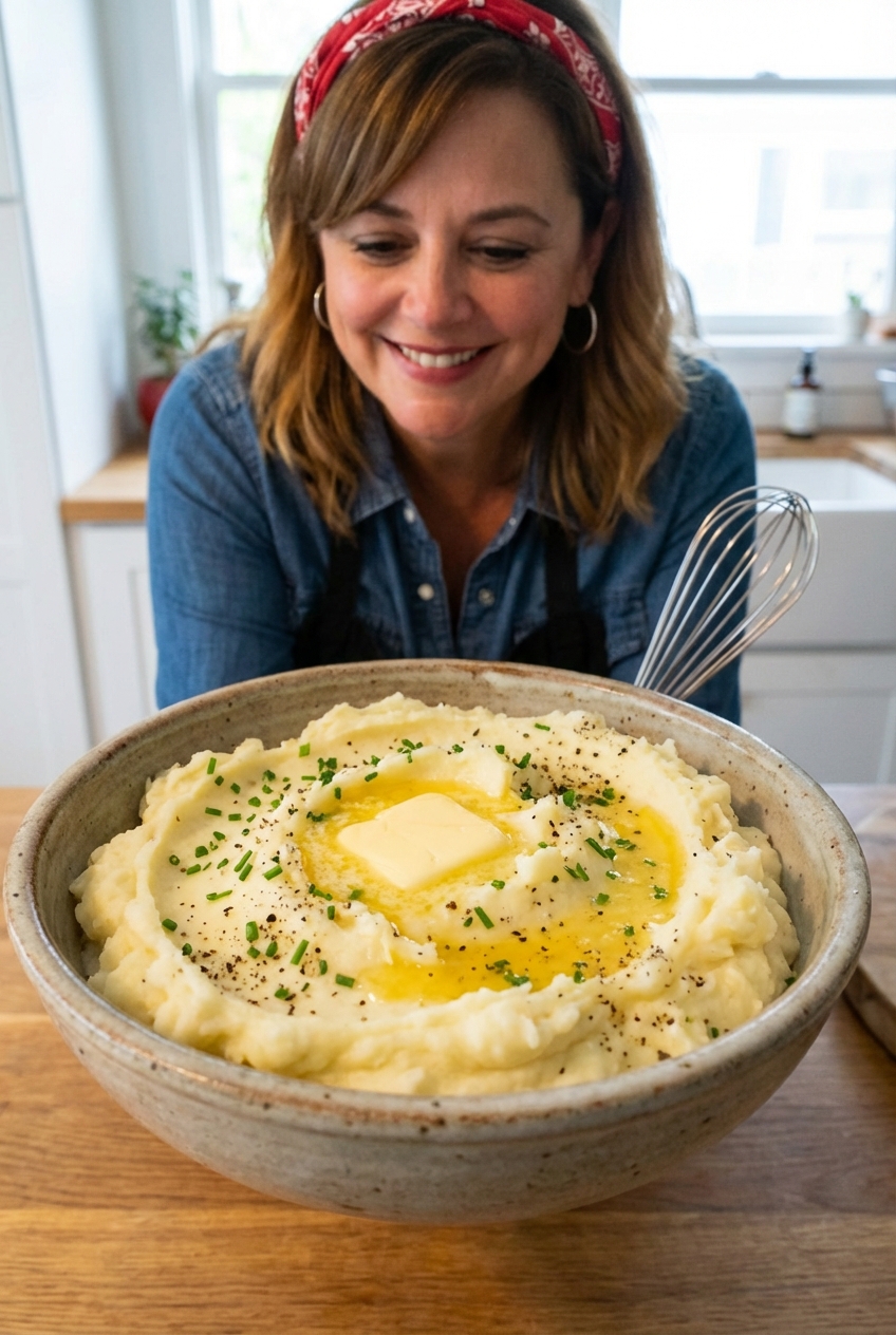 Creamy mashed potatoes in a bowl with a pat of butter melting on top