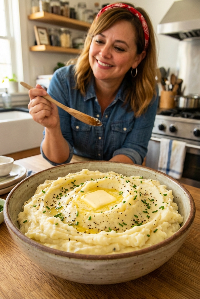 Creamy mashed potatoes in a bowl with a pat of butter melting