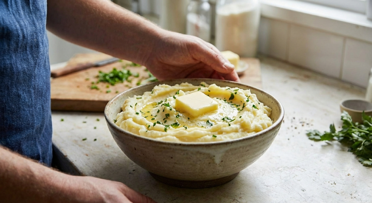 Creamy mashed potatoes in a bowl with a pat of butter melting on top