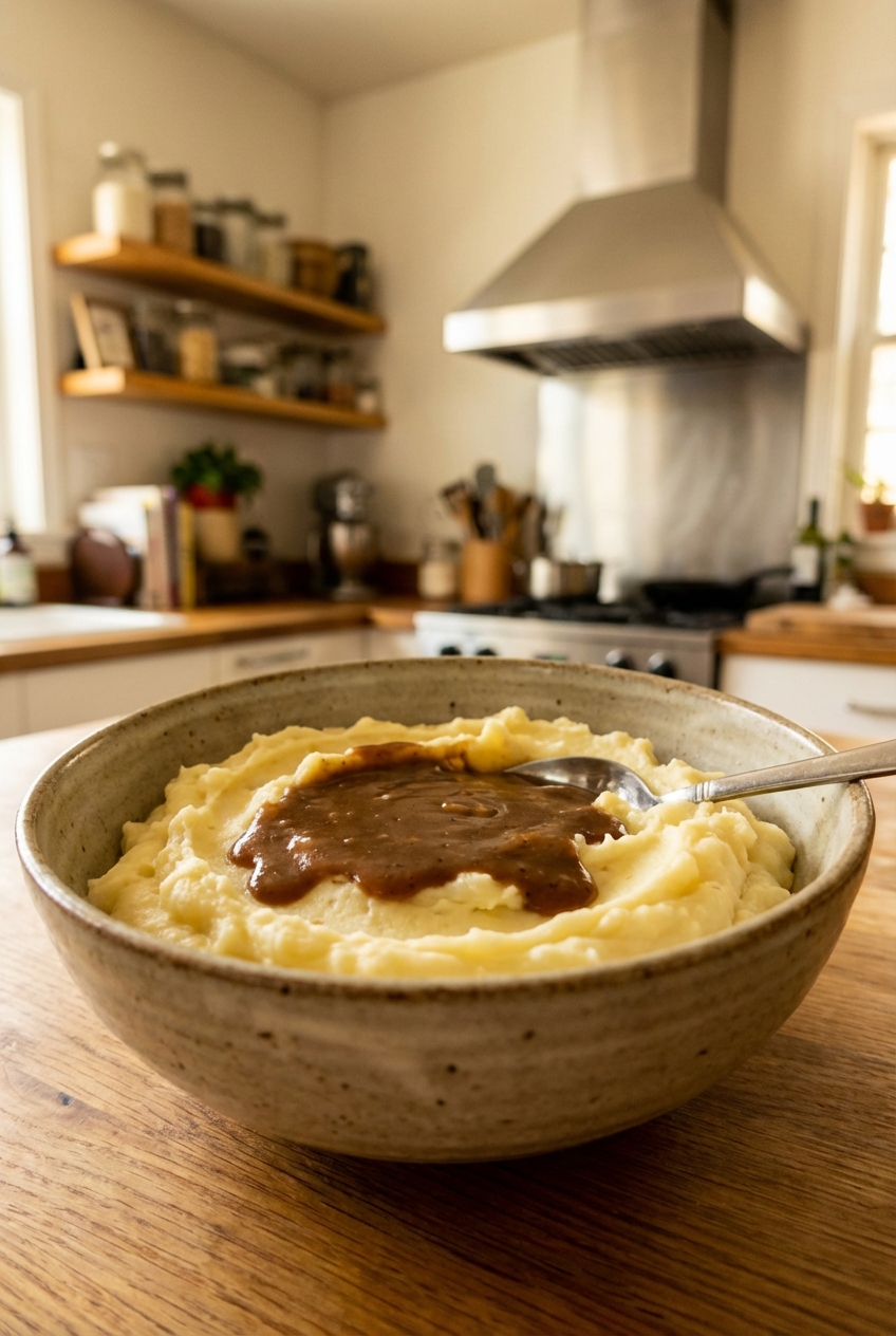 Creamy mashed potatoes in a bowl with a spoonful of gravy on top