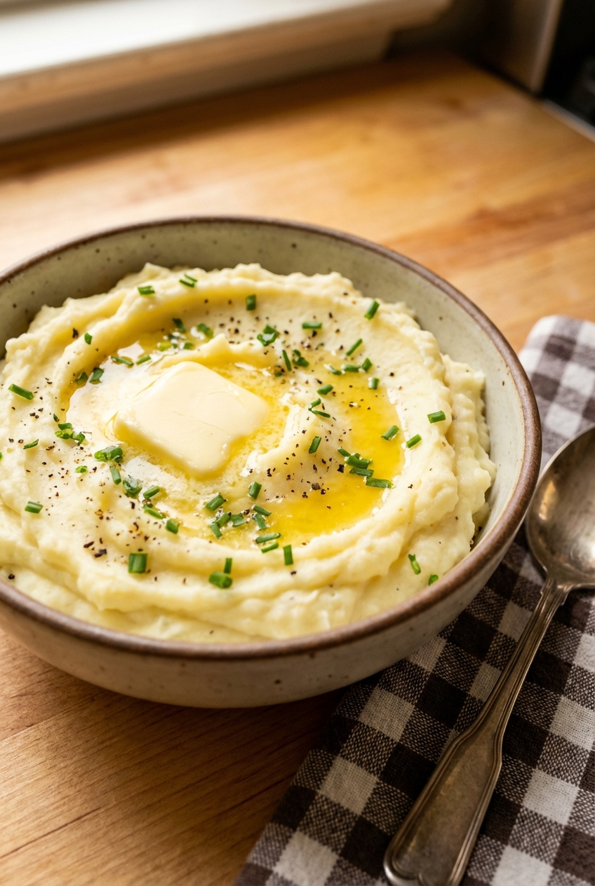 Creamy mashed potatoes in a bowl with butter melting on top