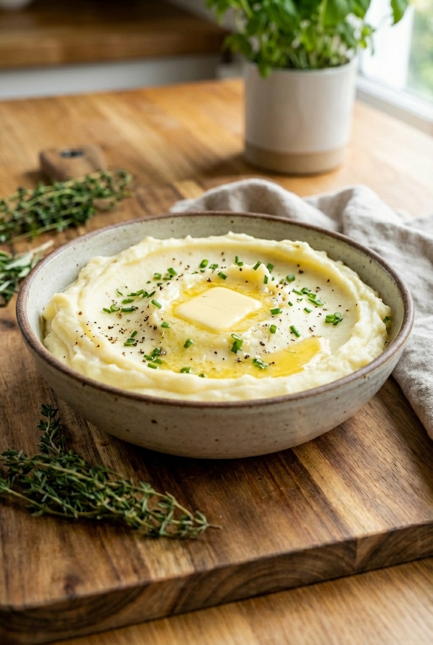 Creamy mashed potatoes in a bowl with butter melting on top