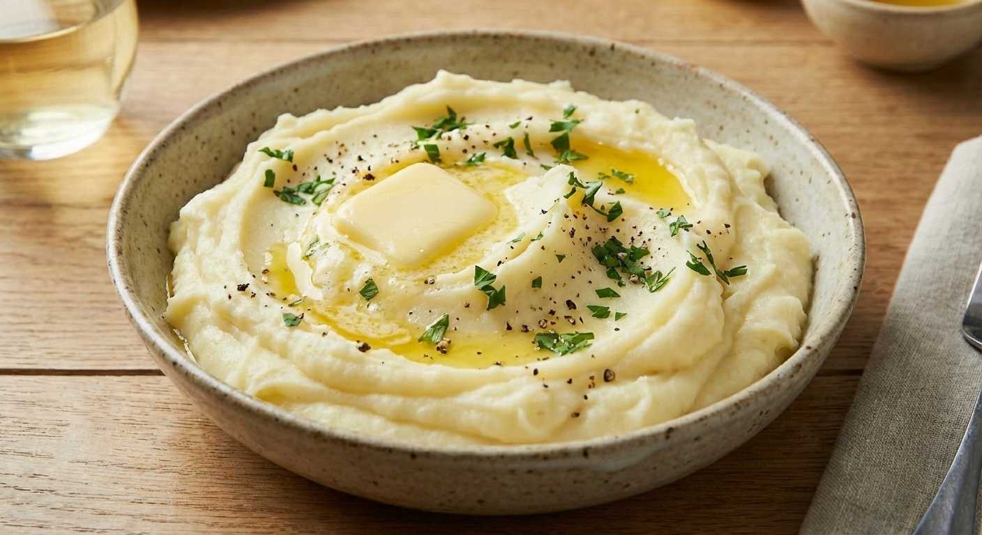 Creamy mashed potatoes in a bowl with butter melting on top