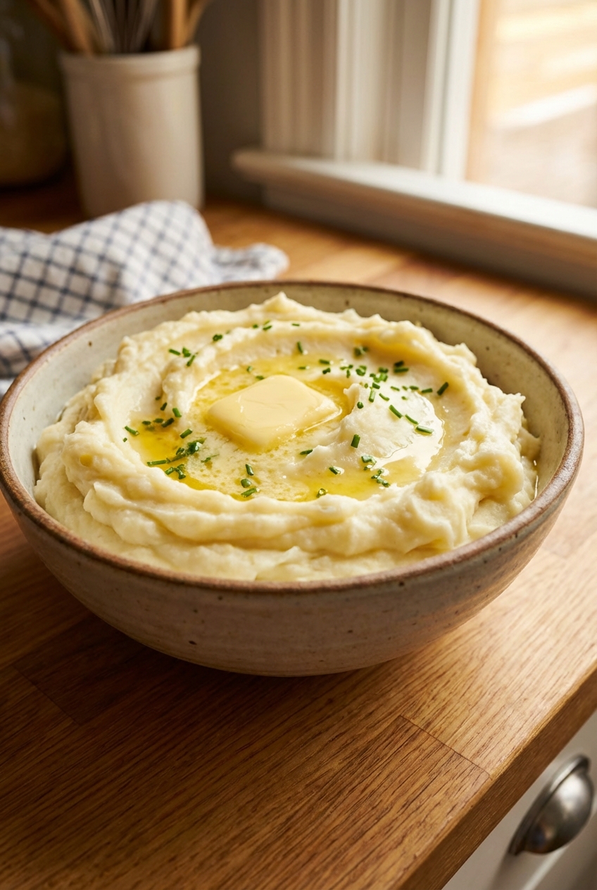 Creamy mashed potatoes in a bowl with butter melting on top