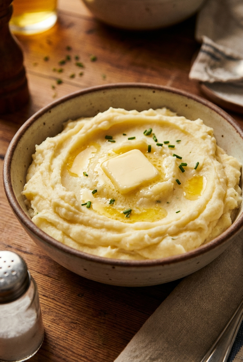 Creamy mashed potatoes in a bowl with butter melting on top