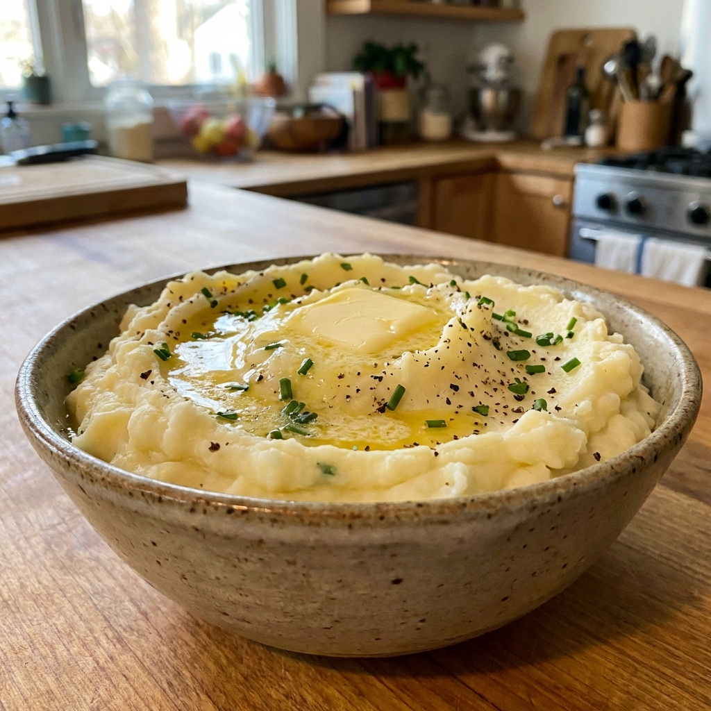 Creamy mashed potatoes in a bowl with butter melting on top