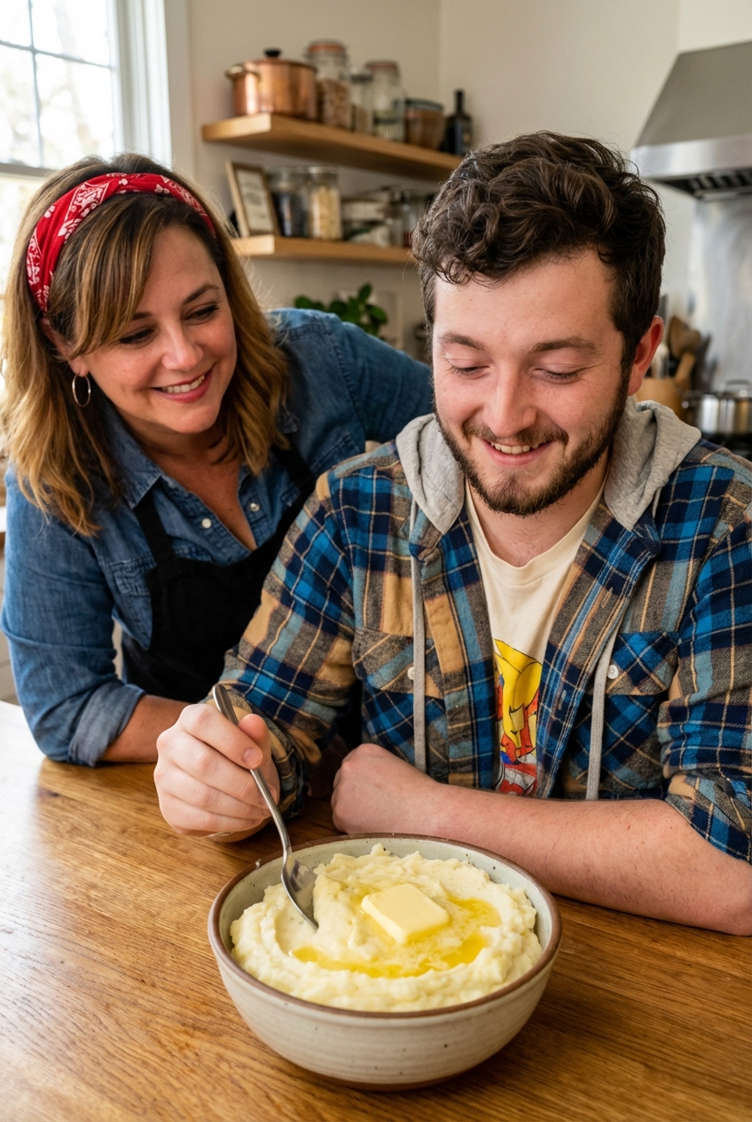 Creamy mashed potatoes in a bowl with butter melting on top