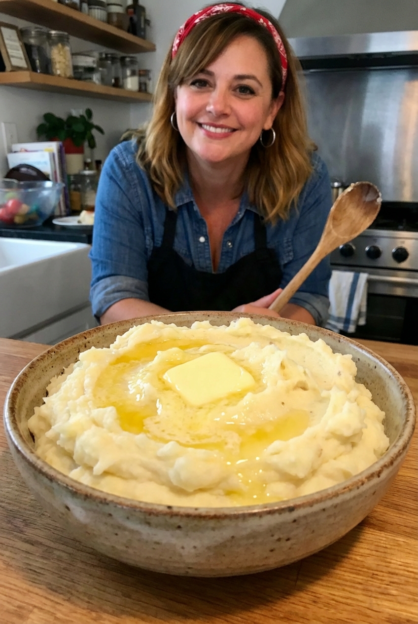 Creamy mashed potatoes in a bowl with butter melting on top
