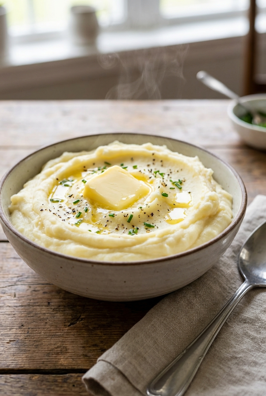 Creamy mashed potatoes in a bowl with butter melting on top
