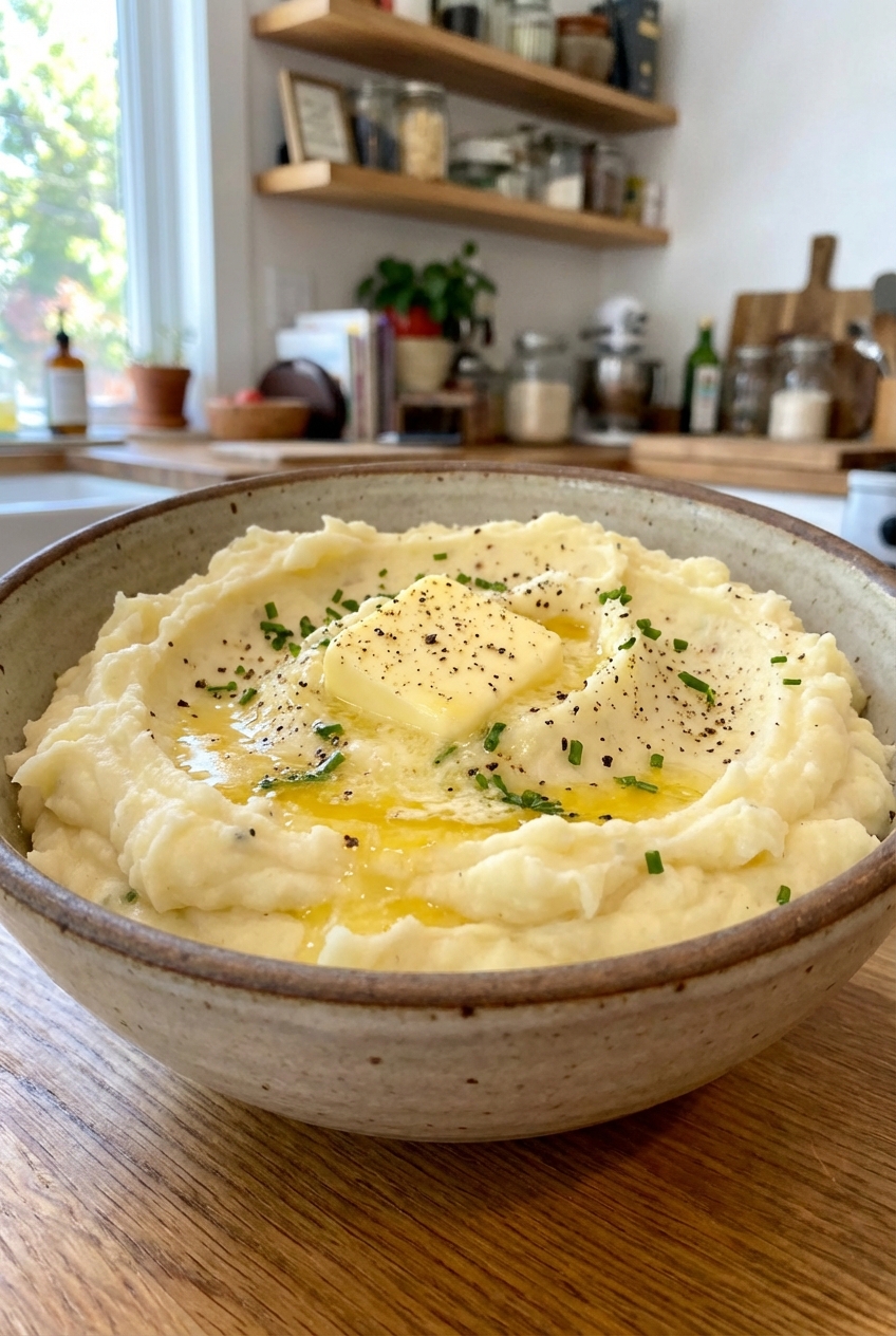 Creamy mashed potatoes in a bowl with butter melting on top