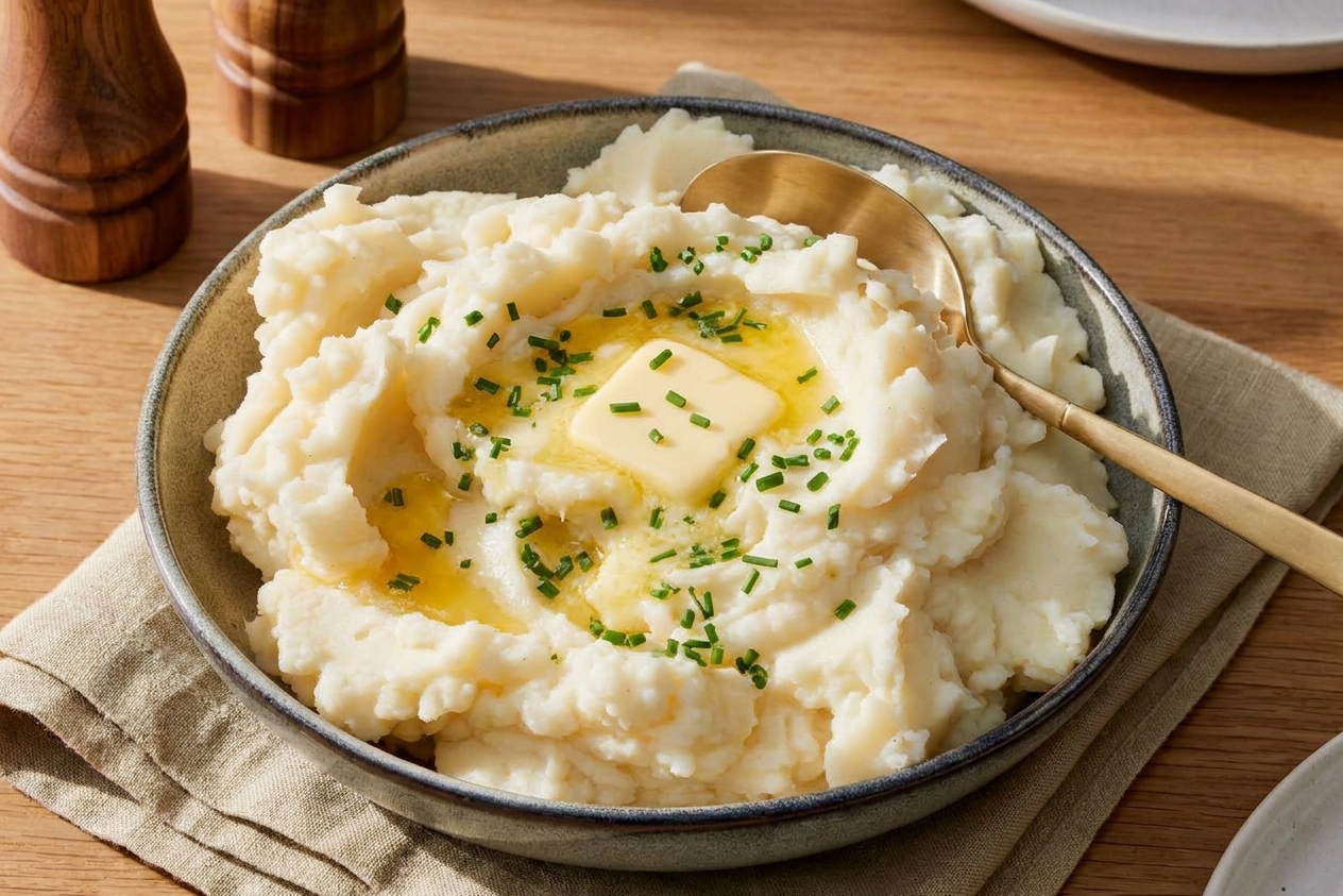 Creamy mashed potatoes in a serving bowl with a melting pat of butter and chopped chives on top, set on a dinner table