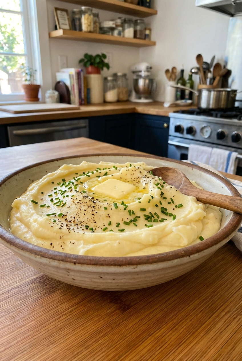 Creamy mashed potatoes in a serving bowl