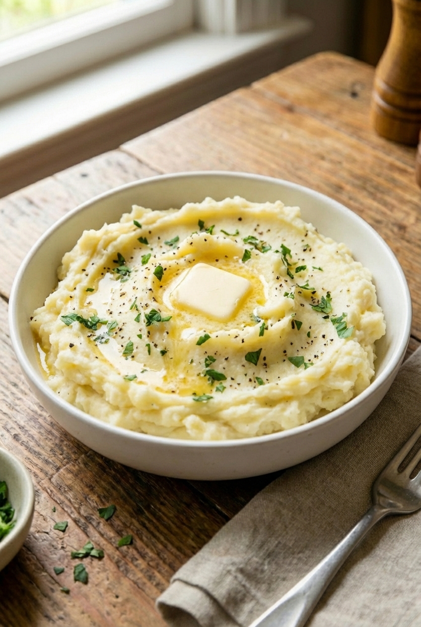 Creamy mashed potatoes in a white bowl with a pat of butter melting on top