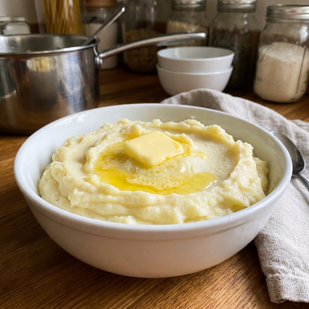Creamy mashed potatoes in a white bowl with a pat of melting butter on top