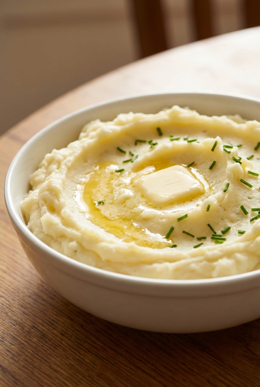 Creamy mashed potatoes in a white bowl with a pat of butter melting on top