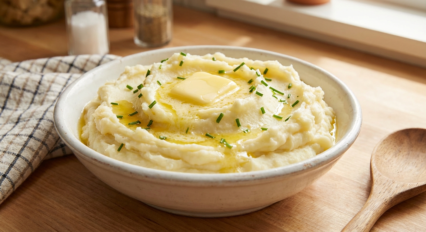 Creamy mashed potatoes in a white bowl with butter melting on top