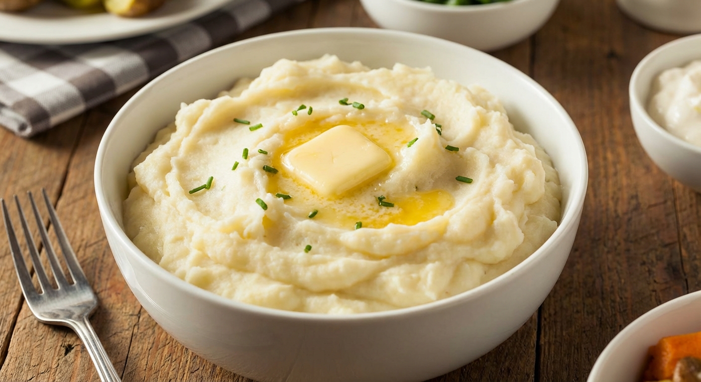 Creamy mashed potatoes in a white bowl with butter melting on top
