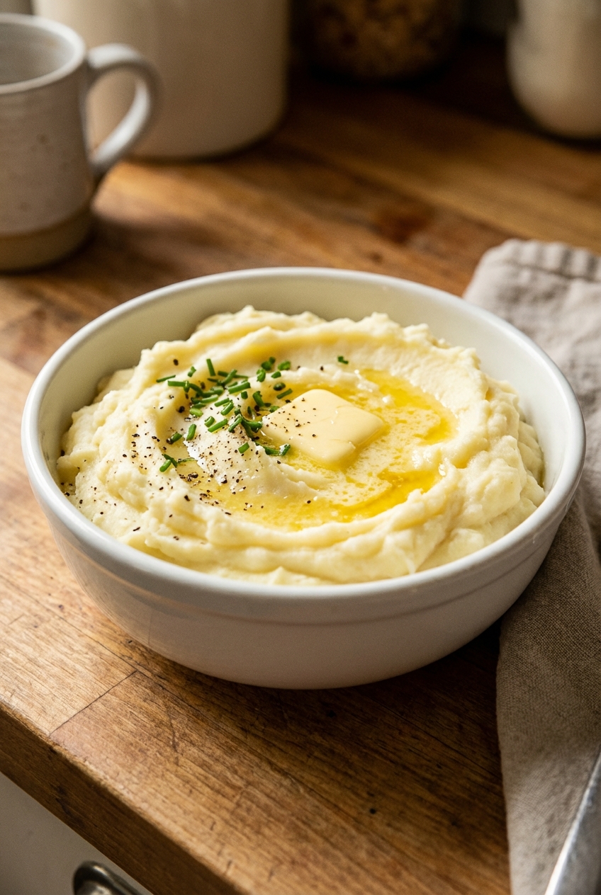 Creamy mashed potatoes in a white bowl with butter melting on top